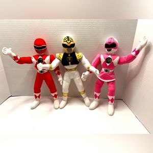 3 VINTAGE 1994 KID DIMENSION POWER RANGERS Pink, White, and Red 12" PLUSH Toys